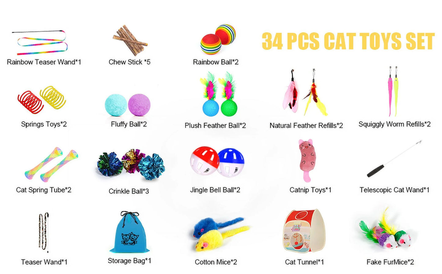 34Pcs Cat Toys Kitten Toys, Interactive Kitty Toys with Collapsible Cat Tunnels Tent, Cat Wand Catnip Feather Teaser